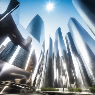 In the futuristic city, buildings were made of a fine metallic material that shimmered in the sunlight.