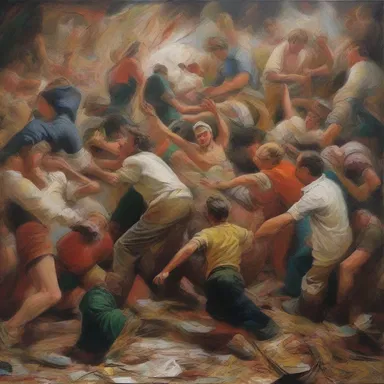The artist's painting depicted a chaotic scene with numerous elements, creating a mesmerizing headful of details.