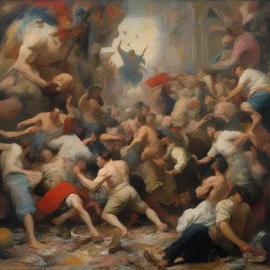 The artist's painting depicted a chaotic scene with numerous elements, creating a mesmerizing headful of details.