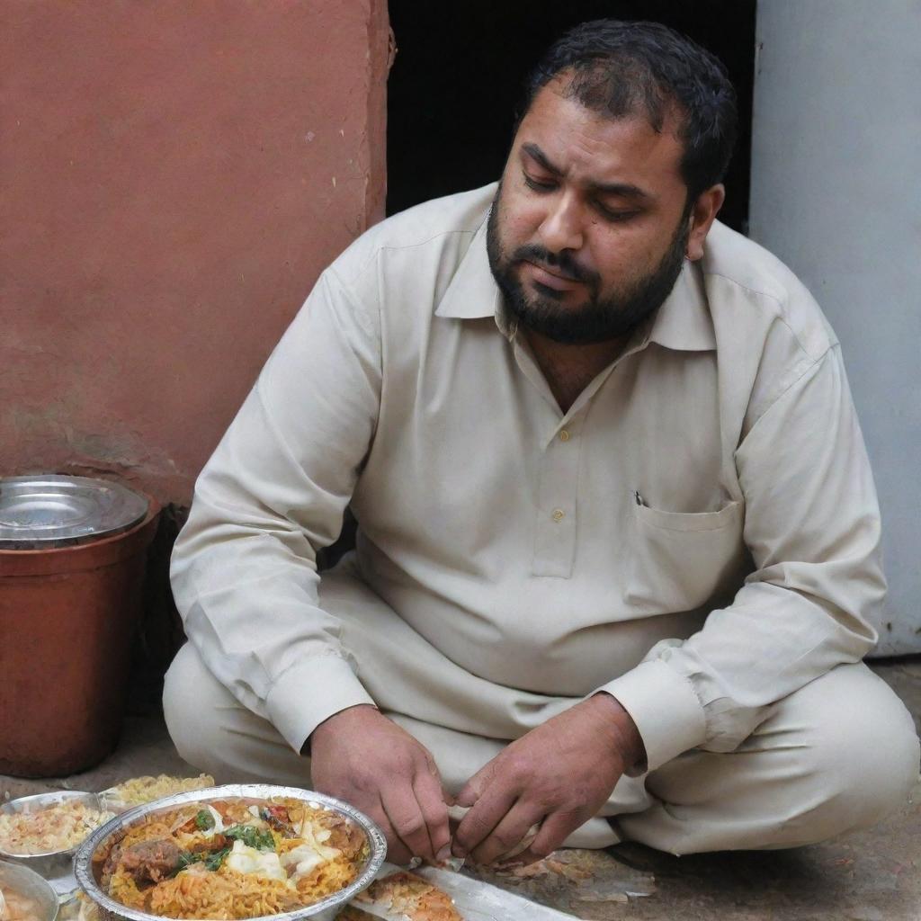 The overweight Pakistani man, now outside of his home, looking downcast and sad, the joy from his biryani feast replaced with a profound melancholy