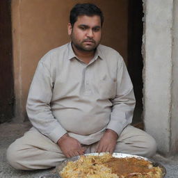 The overweight Pakistani man, now outside of his home, looking downcast and sad, the joy from his biryani feast replaced with a profound melancholy