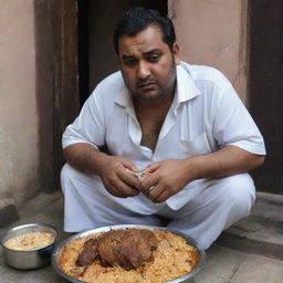 The overweight Pakistani man, now outside of his home, looking downcast and sad, the joy from his biryani feast replaced with a profound melancholy