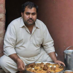 The overweight Pakistani man, now outside of his home, looking downcast and sad, the joy from his biryani feast replaced with a profound melancholy