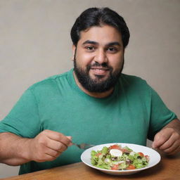 A once overweight Pakistani man looking healthier and happier, now on a diet after experiencing difficulties due to his size. You can see determination in his eyes as he eats a plate of nutritious salad