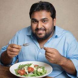 A once overweight Pakistani man looking healthier and happier, now on a diet after experiencing difficulties due to his size. You can see determination in his eyes as he eats a plate of nutritious salad