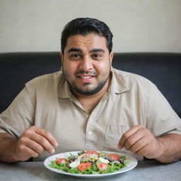 A once overweight Pakistani man looking healthier and happier, now on a diet after experiencing difficulties due to his size. You can see determination in his eyes as he eats a plate of nutritious salad