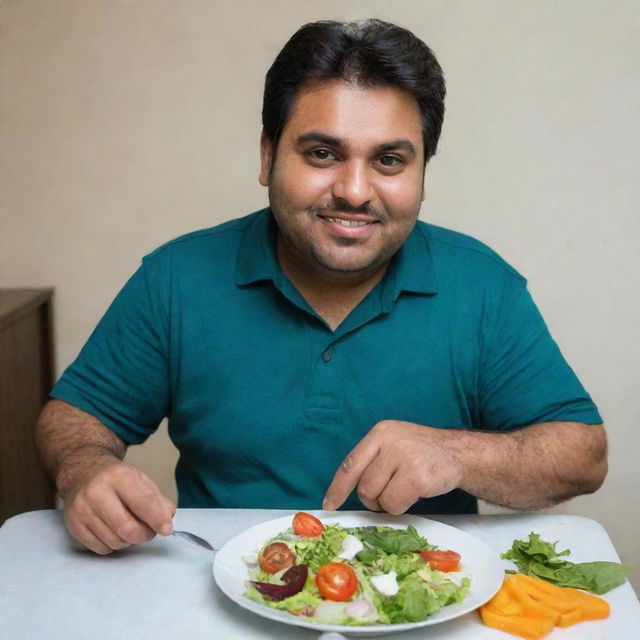 A once overweight Pakistani man looking healthier and happier, now on a diet after experiencing difficulties due to his size. You can see determination in his eyes as he eats a plate of nutritious salad