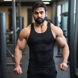 The determined Pakistani man, who has been dieting, now in workout attire at a gym. He is set on a path of fitness, diligently using the exercise equipment to shed weight