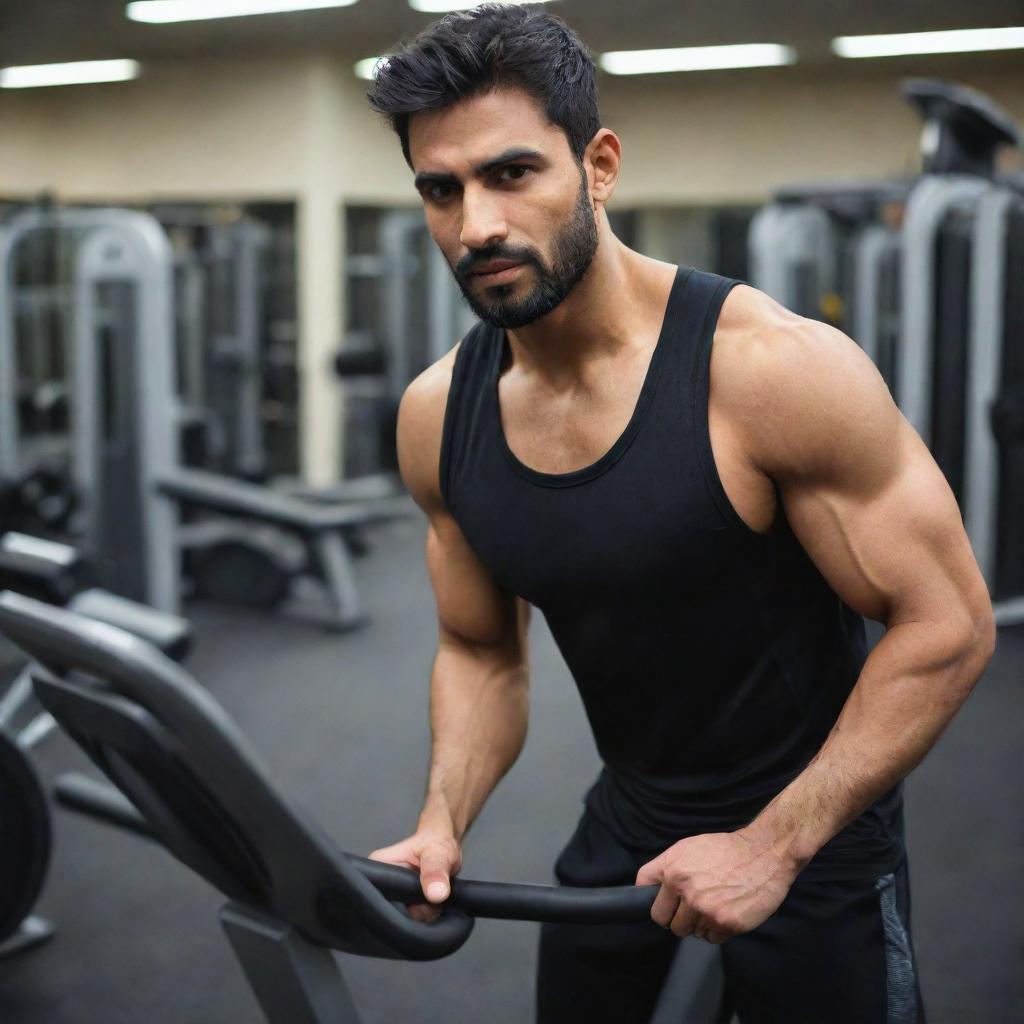 The determined Pakistani man, who has been dieting, now in workout attire at a gym. He is set on a path of fitness, diligently using the exercise equipment to shed weight