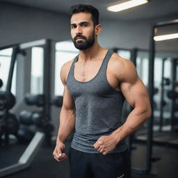 The determined Pakistani man, who has been dieting, now in workout attire at a gym. He is set on a path of fitness, diligently using the exercise equipment to shed weight