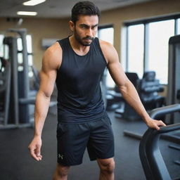 The determined Pakistani man, who has been dieting, now in workout attire at a gym. He is set on a path of fitness, diligently using the exercise equipment to shed weight