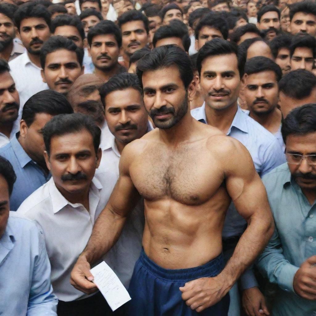 The Pakistani man, now fit and healthy from his rigorous diet and gym regimen, surrounded by a crowd of admiring fans wanting his autograph as a symbol of his incredible transformation journey