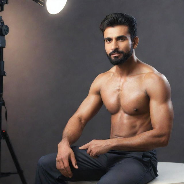 The inspiring Pakistani man, following his amazing transformation, appearing on various TV shows and news channels, sitting in a studio with bright lights and cameras as he shares his journey towards health and fitness