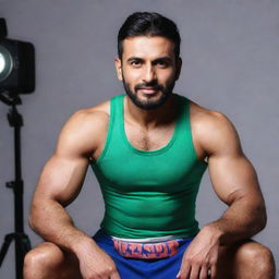 The inspiring Pakistani man, following his amazing transformation, appearing on various TV shows and news channels, sitting in a studio with bright lights and cameras as he shares his journey towards health and fitness