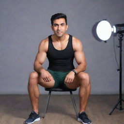 The inspiring Pakistani man, following his amazing transformation, appearing on various TV shows and news channels, sitting in a studio with bright lights and cameras as he shares his journey towards health and fitness