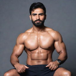 The inspiring Pakistani man, following his amazing transformation, appearing on various TV shows and news channels, sitting in a studio with bright lights and cameras as he shares his journey towards health and fitness