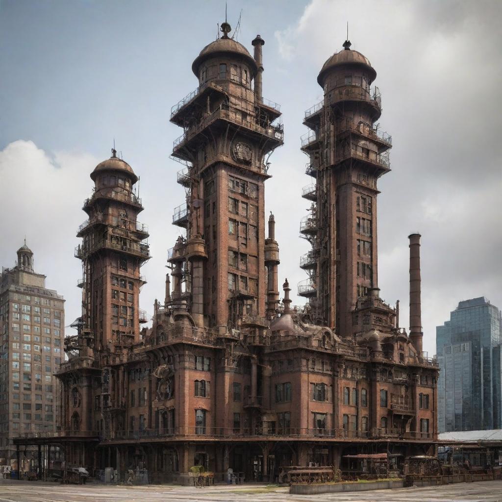 Steampunk-style skyscrapers with tall, imposing structures, consisting of 19th-century industrial steam-powered machinery elements