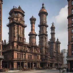 Steampunk-style skyscrapers with tall, imposing structures, consisting of 19th-century industrial steam-powered machinery elements