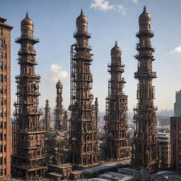 Steampunk-style skyscrapers with tall, imposing structures, consisting of 19th-century industrial steam-powered machinery elements