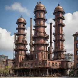 Steampunk-style skyscrapers with tall, imposing structures, consisting of 19th-century industrial steam-powered machinery elements