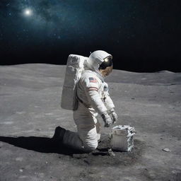 A serene scene of a man in astronaut attire kneeling in a prayerful pose on the moon's luminous surface, against a backdrop of the starry cosmos