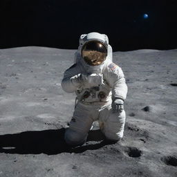 A serene scene of a man in astronaut attire kneeling in a prayerful pose on the moon's luminous surface, against a backdrop of the starry cosmos