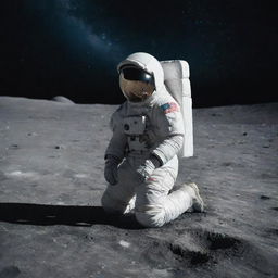 A serene scene of a man in astronaut attire kneeling in a prayerful pose on the moon's luminous surface, against a backdrop of the starry cosmos