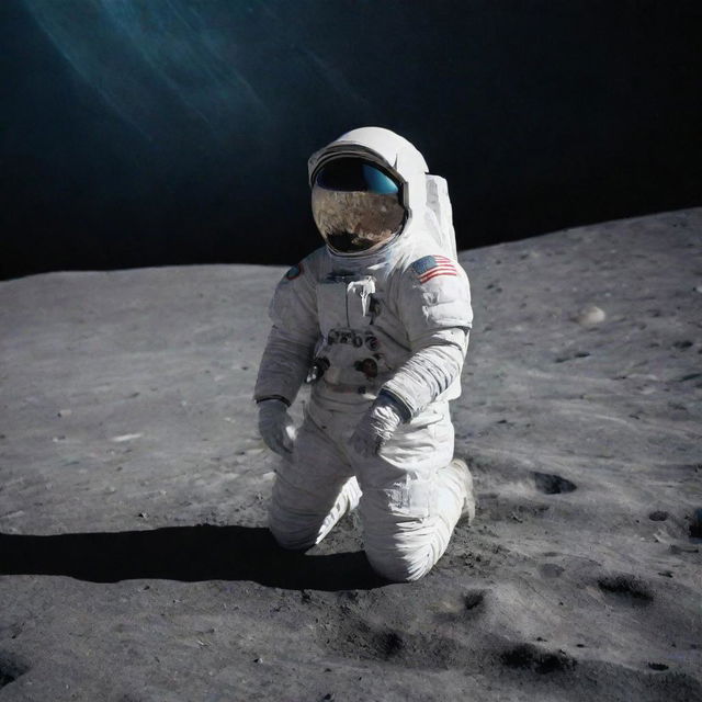 A serene scene of a man in astronaut attire kneeling in a prayerful pose on the moon's luminous surface, against a backdrop of the starry cosmos