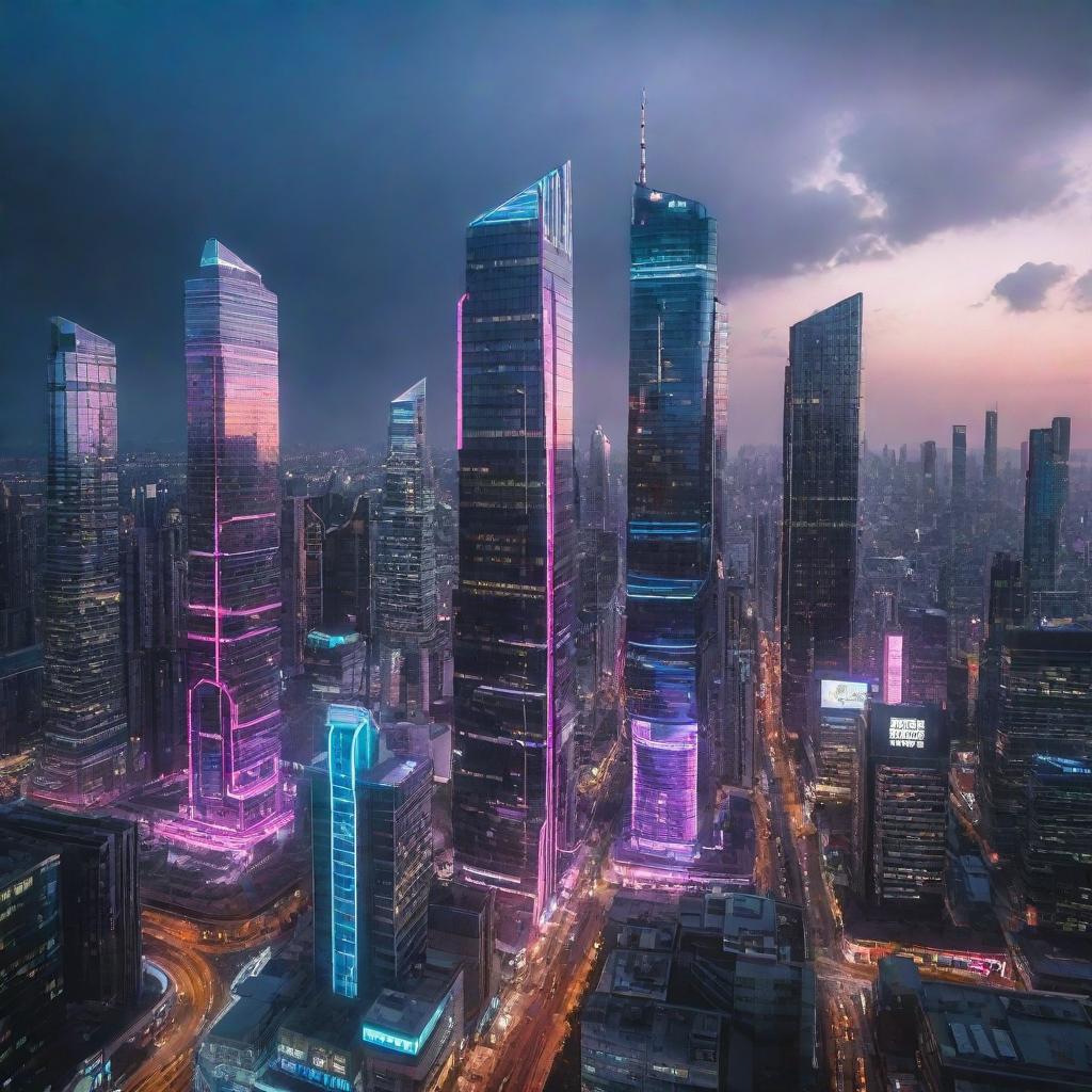 Electropunk-style skyscrapers with sleek, futuristic design, featuring vibrant neon lights, digital screens and electronic gadgetry