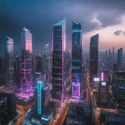 Electropunk-style skyscrapers with sleek, futuristic design, featuring vibrant neon lights, digital screens and electronic gadgetry