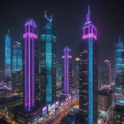 Electropunk-style skyscrapers with sleek, futuristic design, featuring vibrant neon lights, digital screens and electronic gadgetry