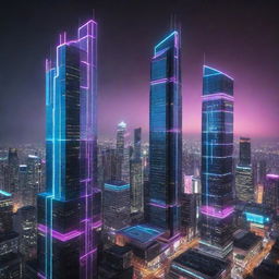 Electropunk-style skyscrapers with sleek, futuristic design, featuring vibrant neon lights, digital screens and electronic gadgetry