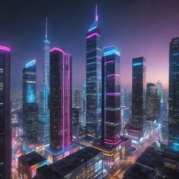 Electropunk-style skyscrapers with sleek, futuristic design, featuring vibrant neon lights, digital screens and electronic gadgetry