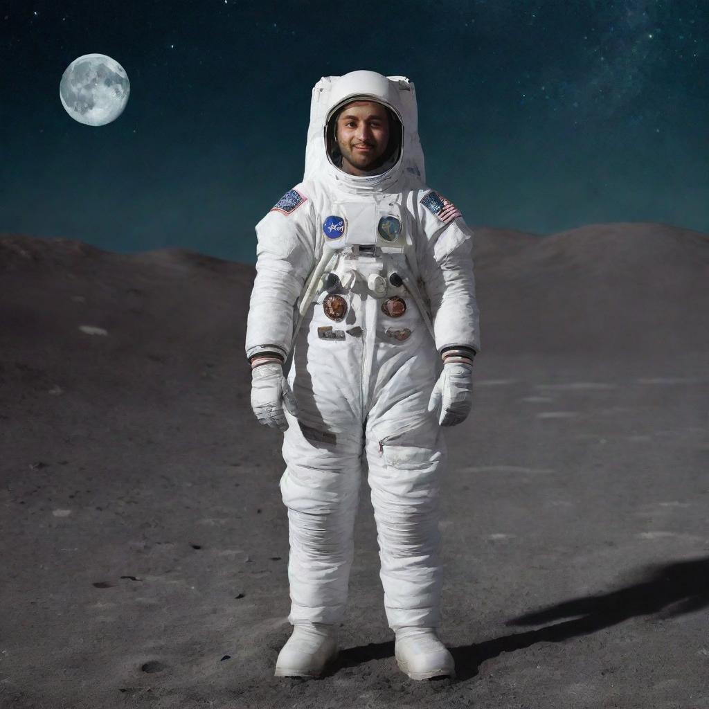 A peaceful scene of a Muslim man in astronaut attire, standing on the lunar surface against the backdrop of vast cosmos, giving the Azaan, symbolizing the integration of faith and space exploration