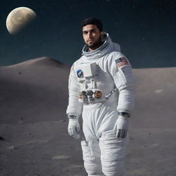 A peaceful scene of a Muslim man in astronaut attire, standing on the lunar surface against the backdrop of vast cosmos, giving the Azaan, symbolizing the integration of faith and space exploration