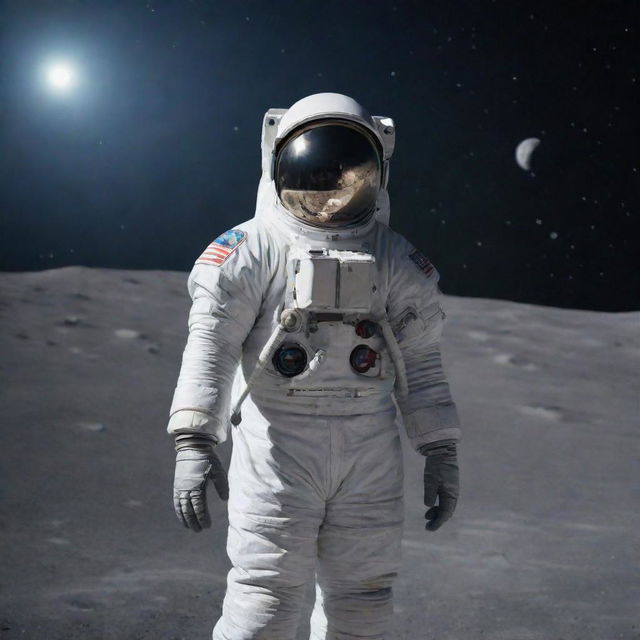 A peaceful scene of a Muslim man in astronaut attire, standing on the lunar surface against the backdrop of vast cosmos, giving the Azaan, symbolizing the integration of faith and space exploration