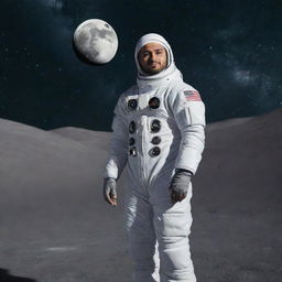 A peaceful scene of a Muslim man in astronaut attire, standing on the lunar surface against the backdrop of vast cosmos, giving the Azaan, symbolizing the integration of faith and space exploration