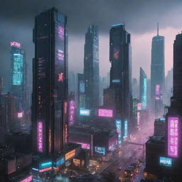 Cyberpunk-style skyscrapers with high-tech, dystopian themes, neon lights, large digital billboards, and gritty urban environments