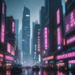 Cyberpunk-style skyscrapers with high-tech, dystopian themes, neon lights, large digital billboards, and gritty urban environments