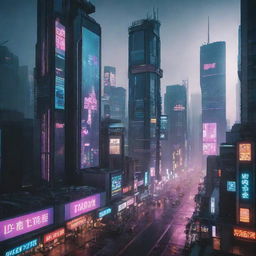 Cyberpunk-style skyscrapers with high-tech, dystopian themes, neon lights, large digital billboards, and gritty urban environments