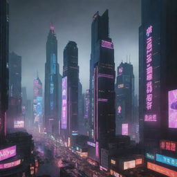 Cyberpunk-style skyscrapers with high-tech, dystopian themes, neon lights, large digital billboards, and gritty urban environments