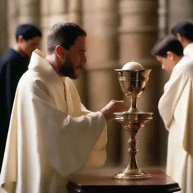 The sacristan carefully placed the sacred chalice in front of the camera to be used as a prop in the movie scene.