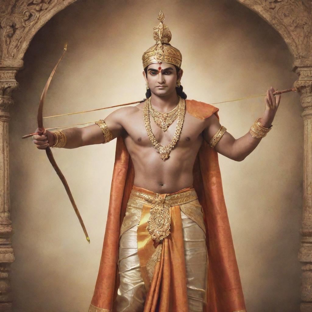 A majestic depiction of Lord Ram, resplendent in royal attire, holding a bow and arrow, with a serene and dignified expression on his face.