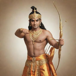 A majestic depiction of Lord Ram, resplendent in royal attire, holding a bow and arrow, with a serene and dignified expression on his face.