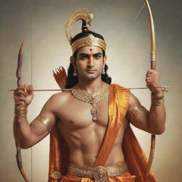 A majestic depiction of Lord Ram, resplendent in royal attire, holding a bow and arrow, with a serene and dignified expression on his face.