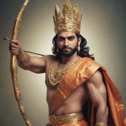 A majestic depiction of Lord Ram, resplendent in royal attire, holding a bow and arrow, with a serene and dignified expression on his face.