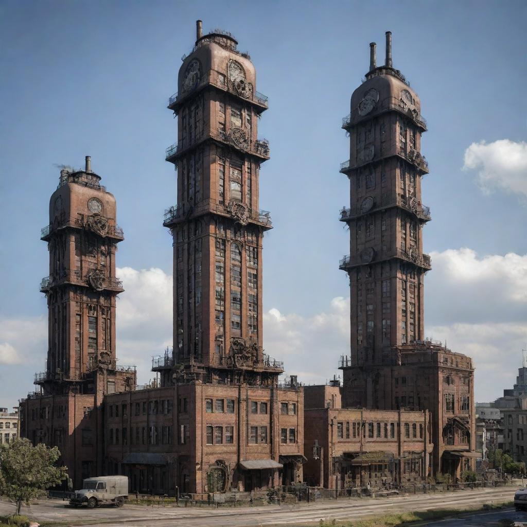 Dieselpunk-style skyscrapers inspired by the aesthetics of the diesel-based technology of the interwar period, with mechanical gears, iron elements and large smokestacks