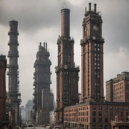 Dieselpunk-style skyscrapers inspired by the aesthetics of the diesel-based technology of the interwar period, with mechanical gears, iron elements and large smokestacks