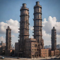 Dieselpunk-style skyscrapers inspired by the aesthetics of the diesel-based technology of the interwar period, with mechanical gears, iron elements and large smokestacks