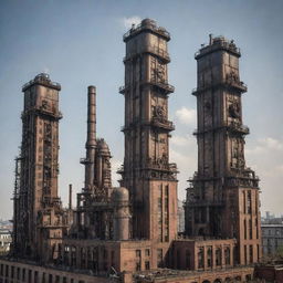 Dieselpunk-style skyscrapers inspired by the aesthetics of the diesel-based technology of the interwar period, with mechanical gears, iron elements and large smokestacks